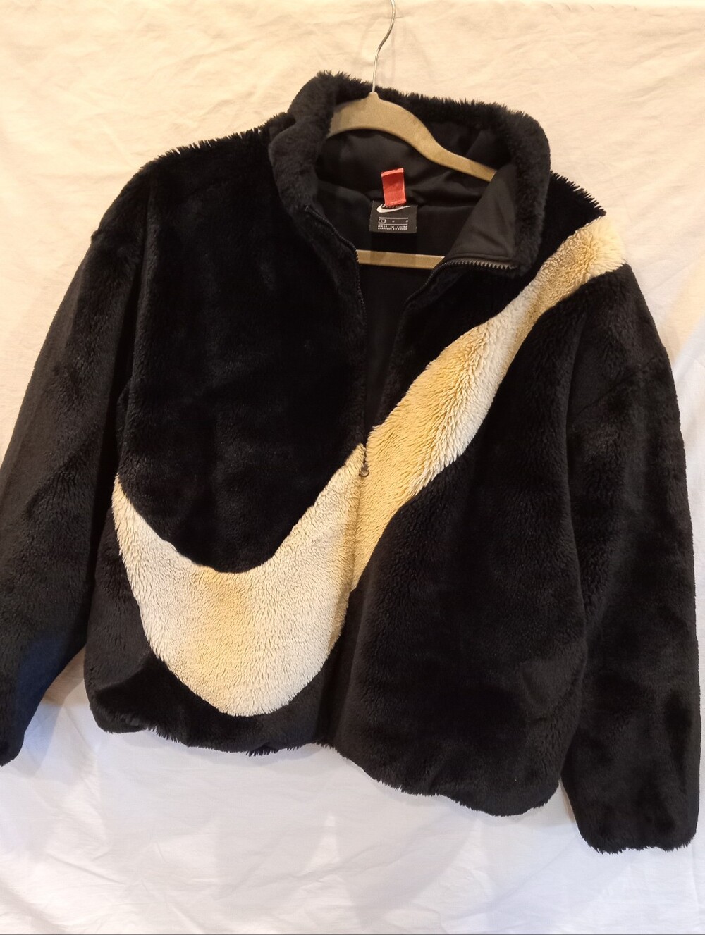 Nike Black Faux Fur Big Swoosh Oversized Jacket
